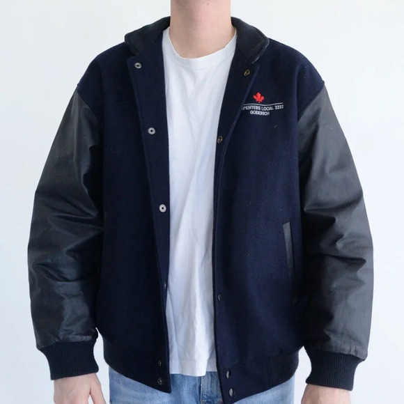 VTG North End Navy & Black  Carpenters Logo Wool And Leather Varsity Bomber Coat - Picture 1 of 12